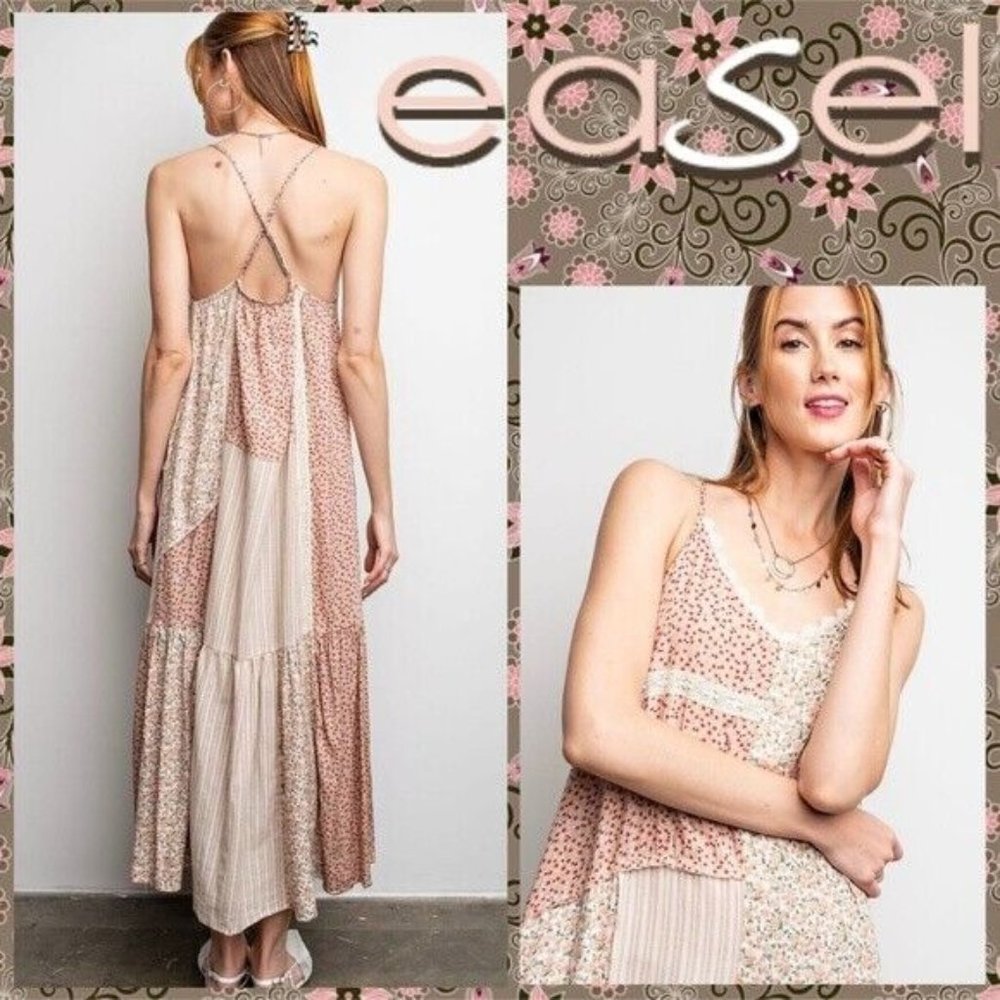 EASEL Mixed Print Adjustable Cross Straps Maxi Dress Lace Edges Relaxed & Flowy - Picture 1 of 15